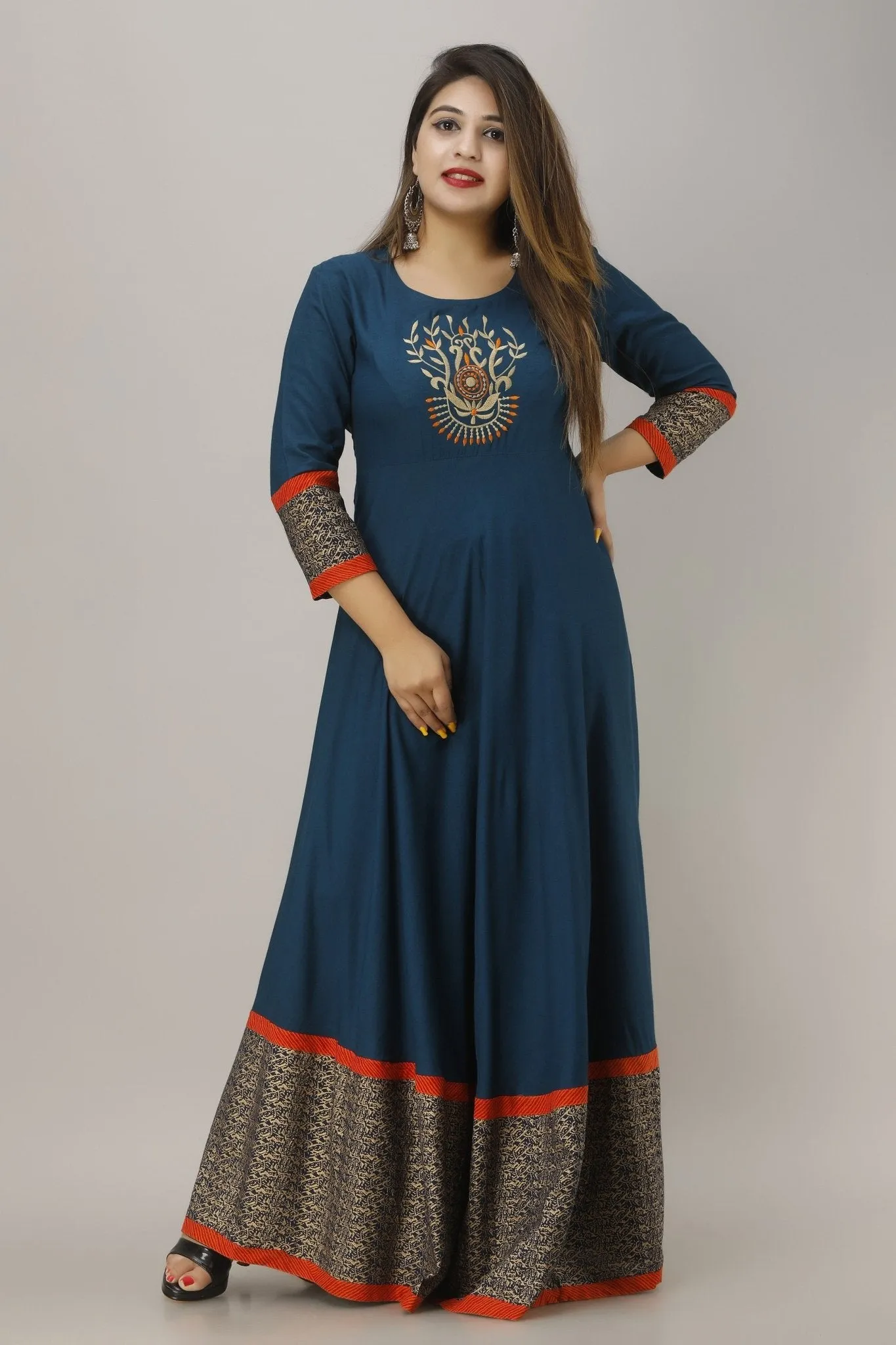 Embroidered Gold Printed Anarkali Gown (Blue)