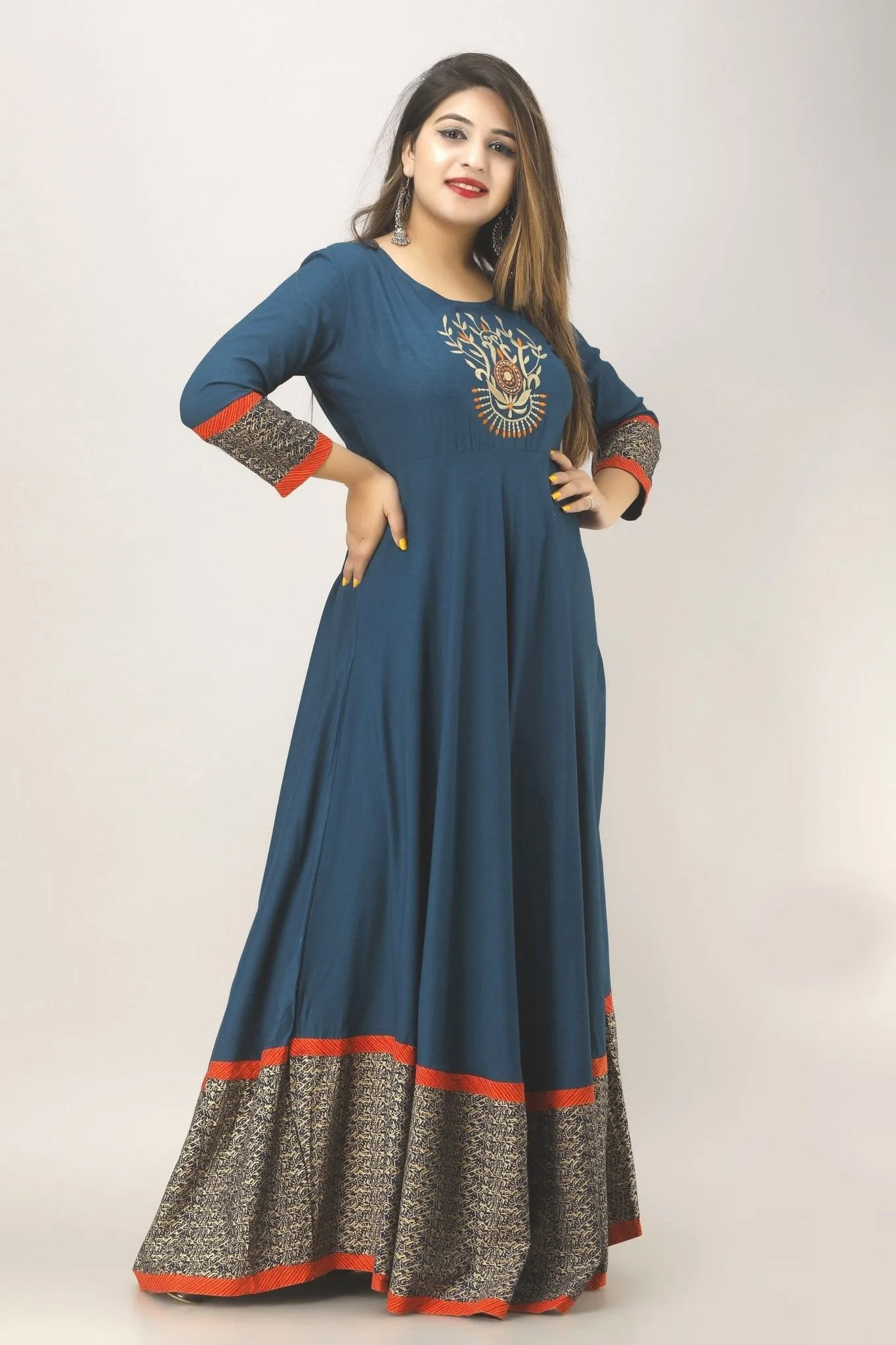 Embroidered Gold Printed Anarkali Gown (Blue)