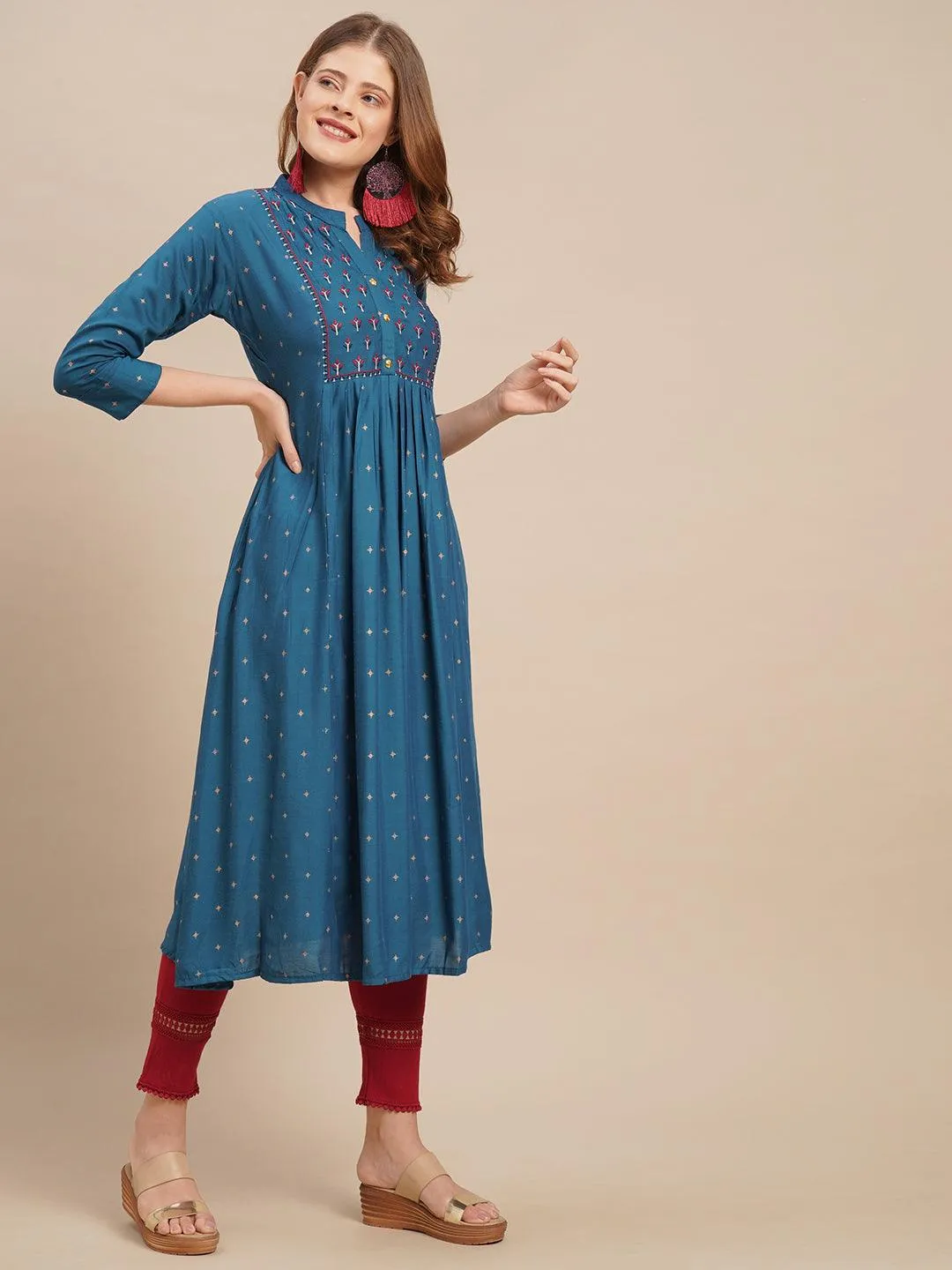 Ethnic Foil Printed & Zari Embroidered A-Line Flared Kurta - Dark Blue