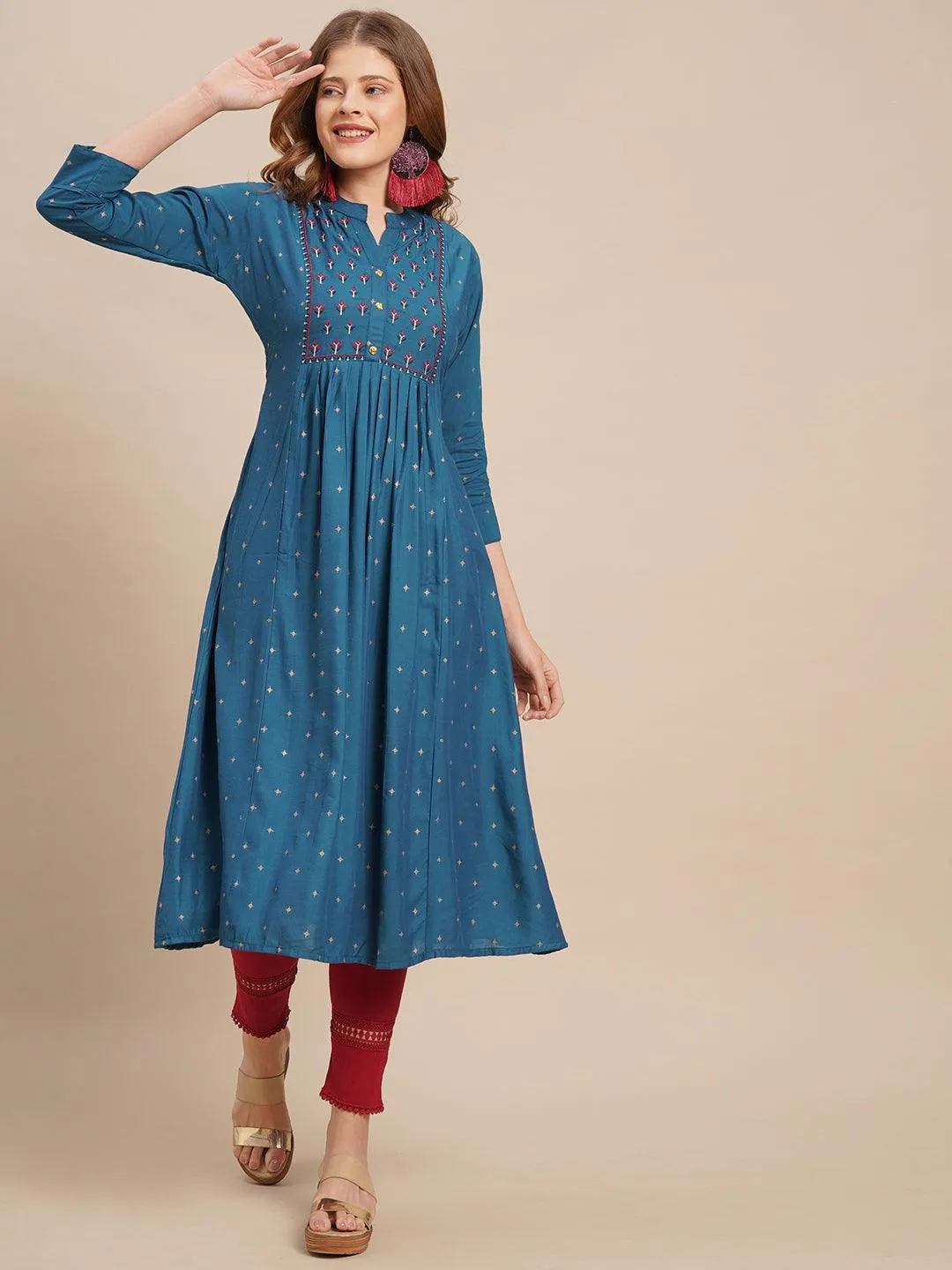 Ethnic Foil Printed & Zari Embroidered A-Line Flared Kurta - Dark Blue