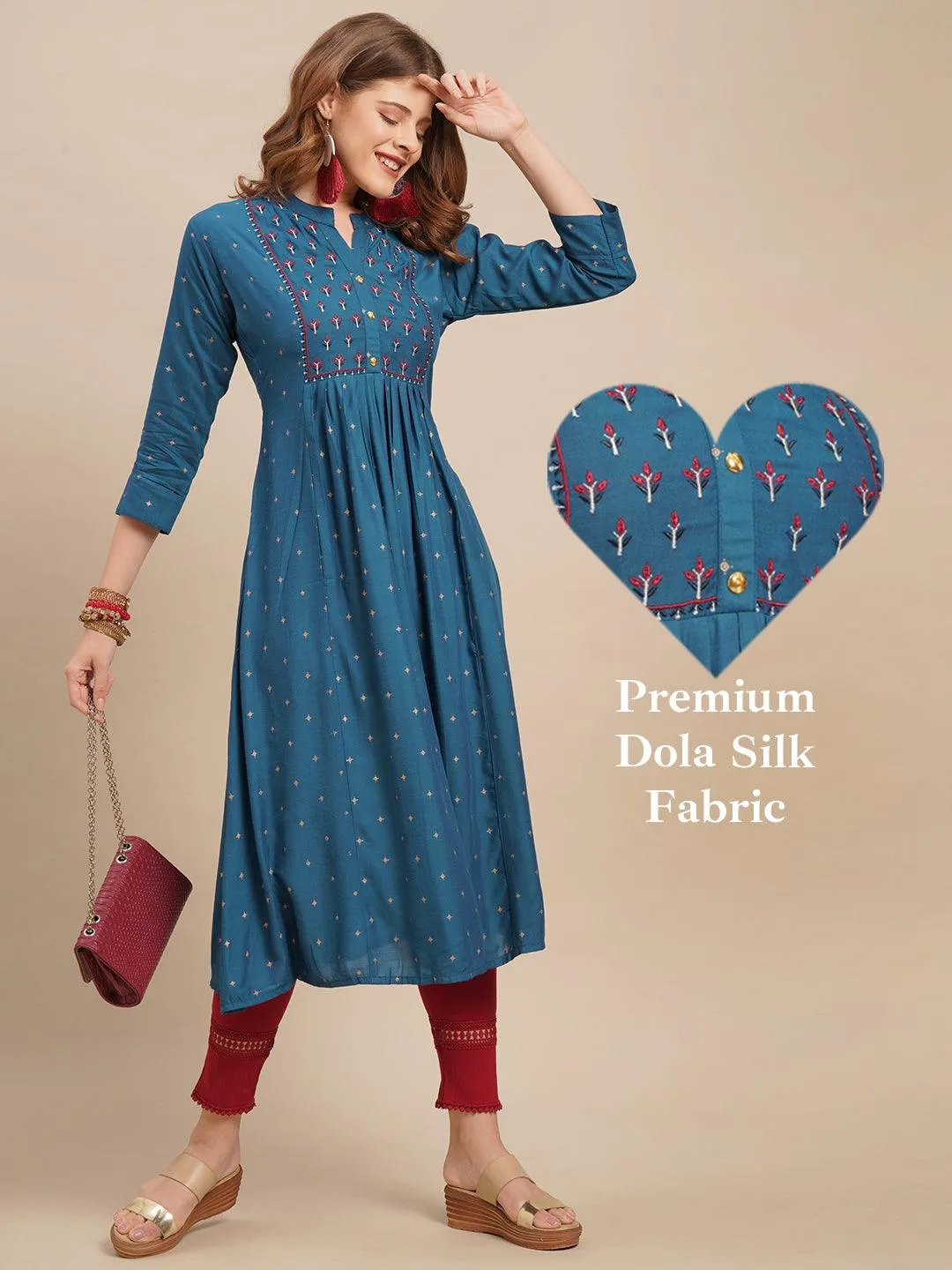 Ethnic Foil Printed & Zari Embroidered A-Line Flared Kurta - Dark Blue