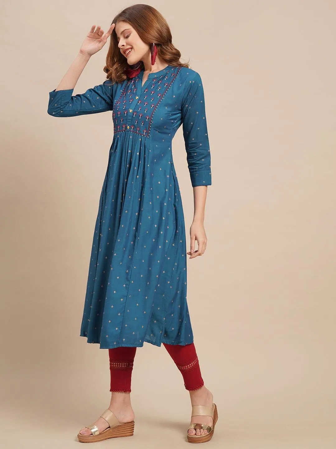 Ethnic Foil Printed & Zari Embroidered A-Line Flared Kurta - Dark Blue