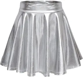 EXCHIC Women's Shiny Metallic Wet Look Stretchy Flared Mini Skater Skirt