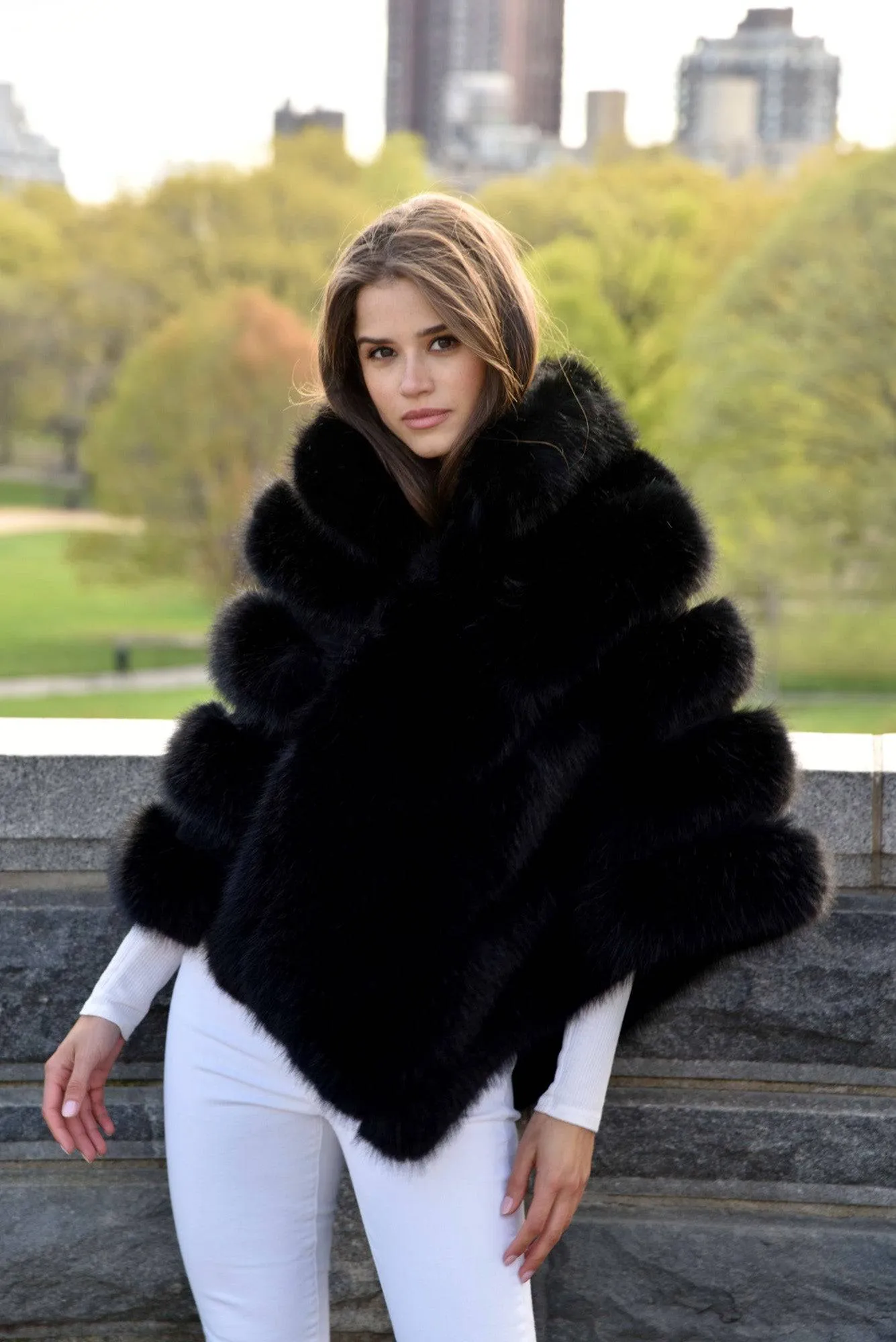 Faux Fur Poncho with Zipper - Black