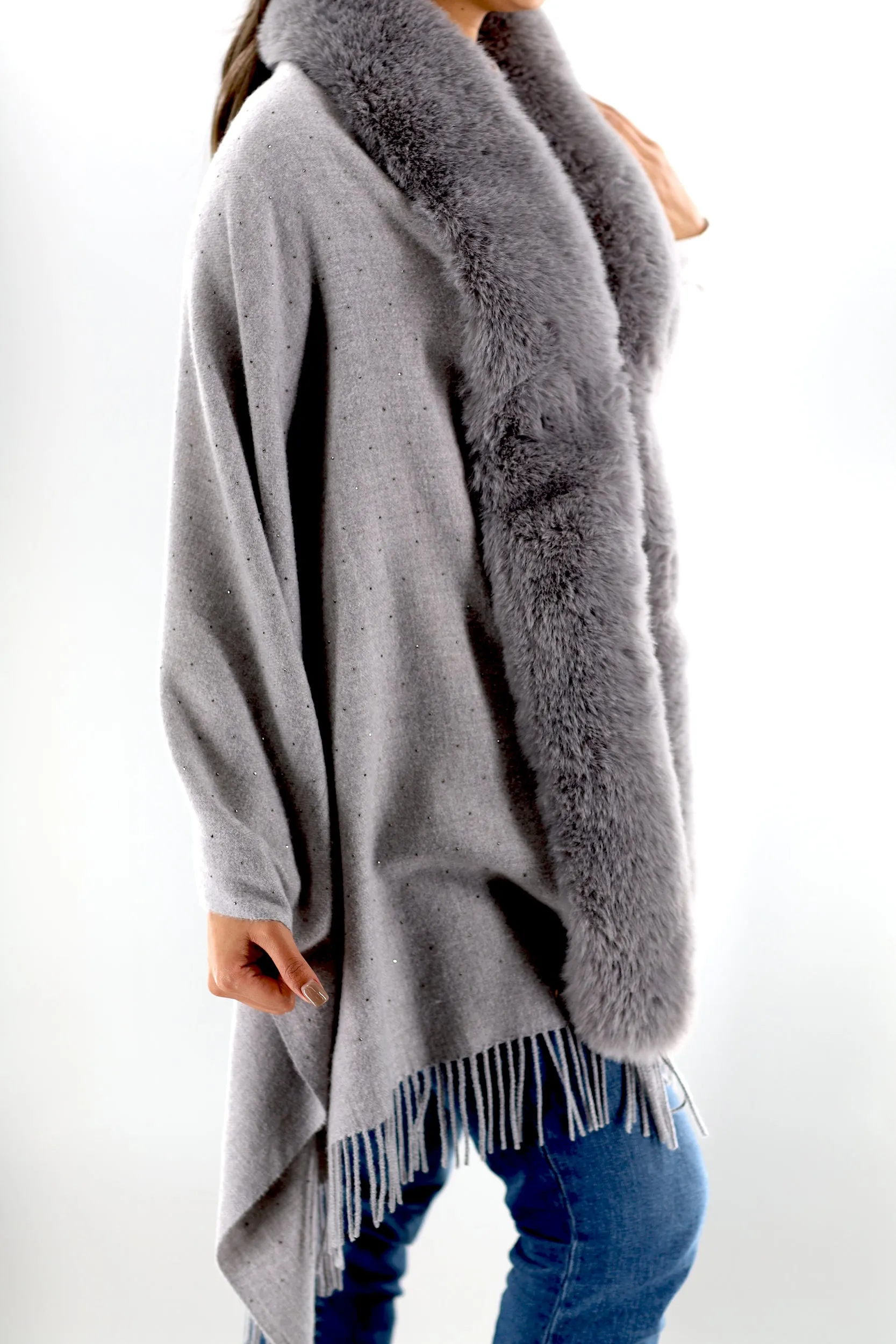 Faux fur trim wrap with Embellishments-Grey