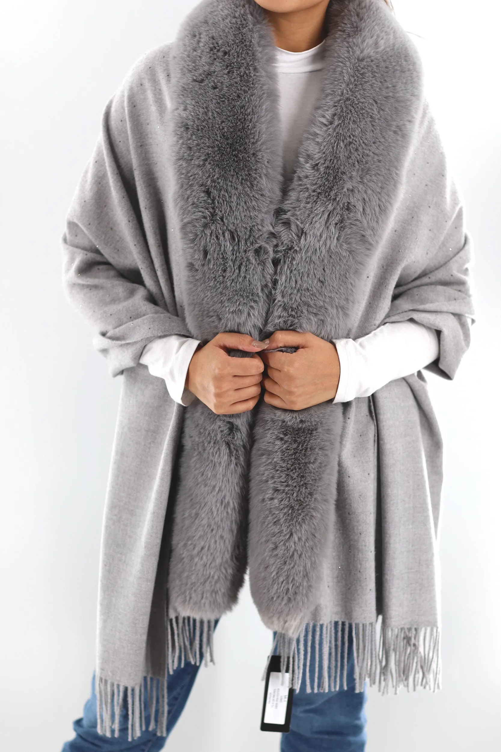 Faux fur trim wrap with Embellishments-Grey