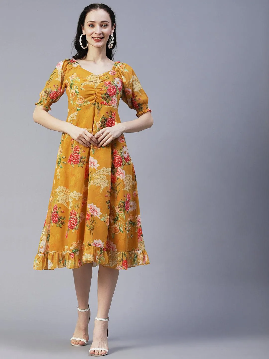 Floral Printed A-Line Flared Midi Dress - Mustard