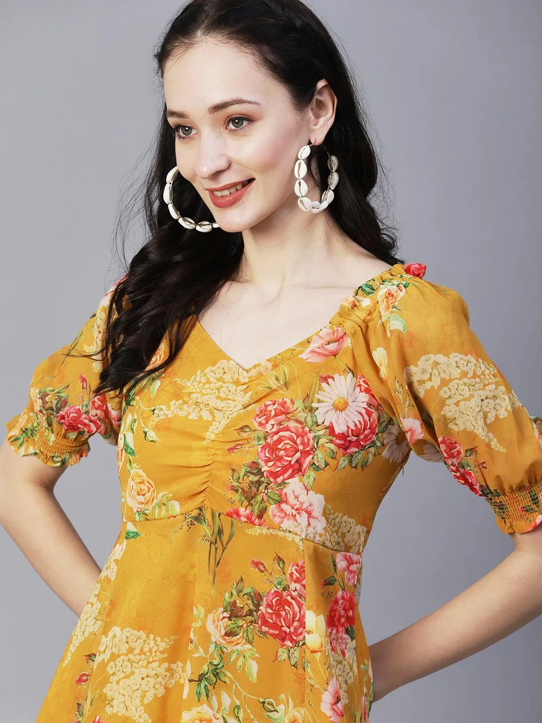 Floral Printed A-Line Flared Midi Dress - Mustard