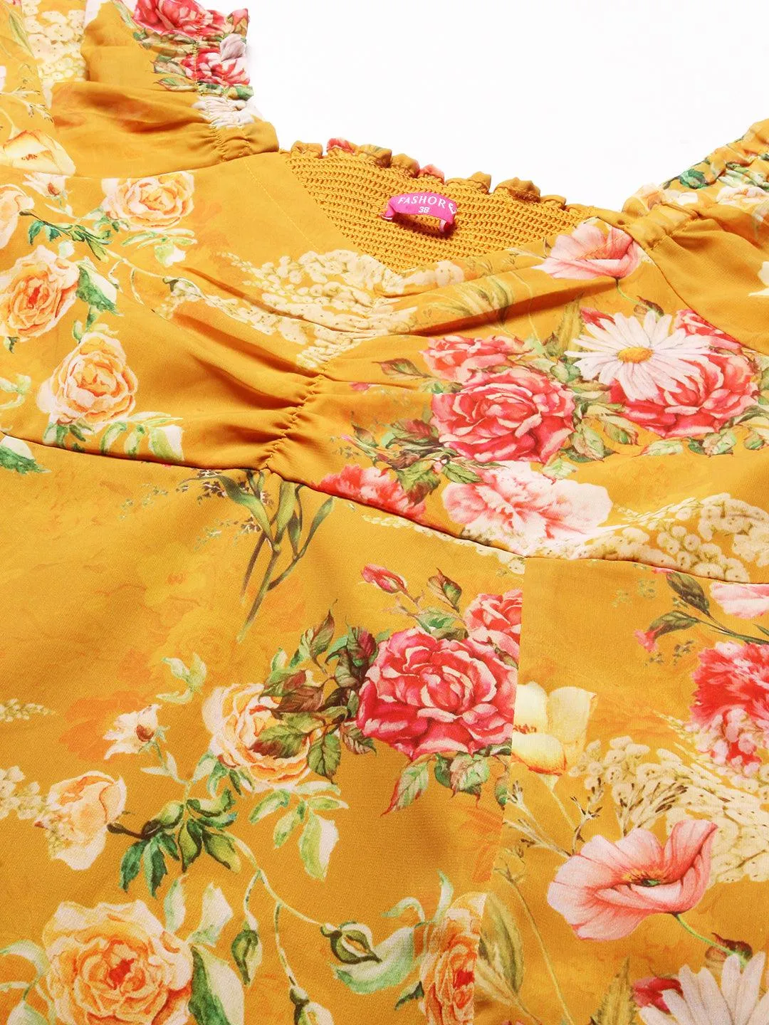 Floral Printed A-Line Flared Midi Dress - Mustard