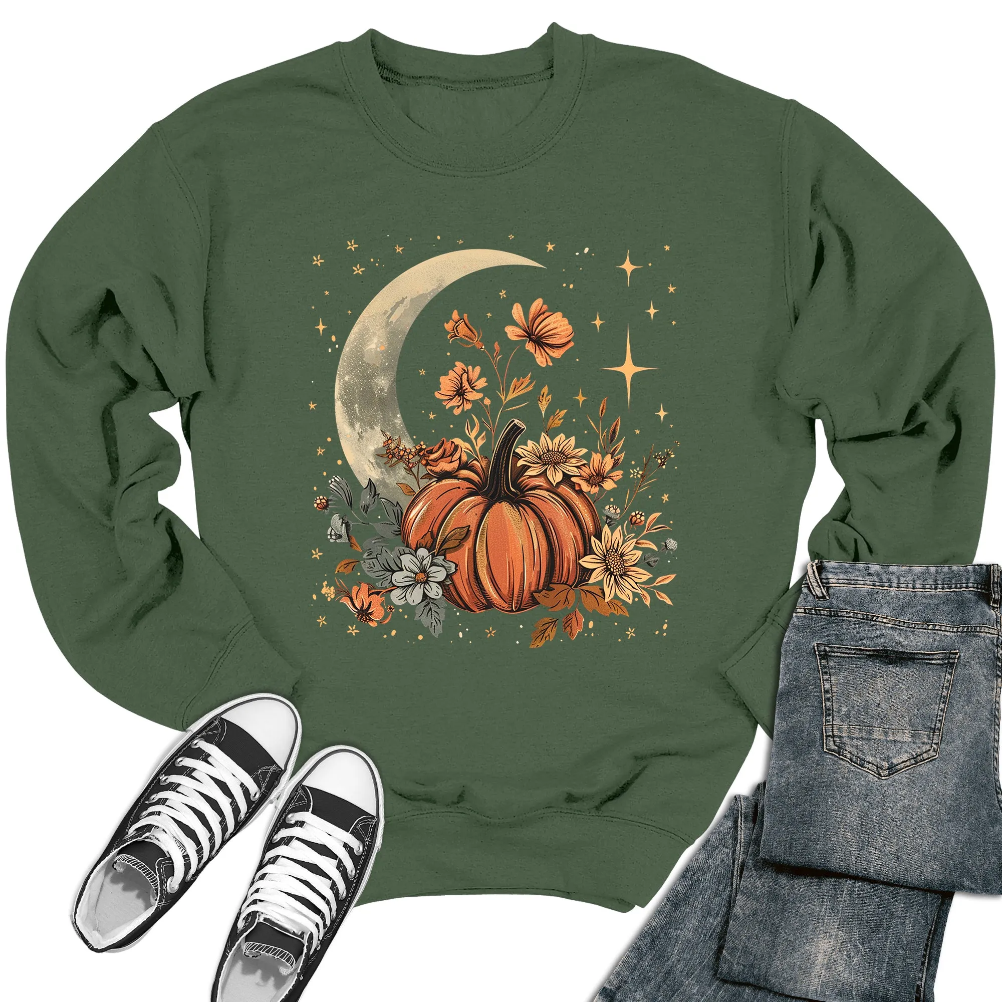 Floral Pumpkin Crescent Moon Fall Crewneck Sweatshirt