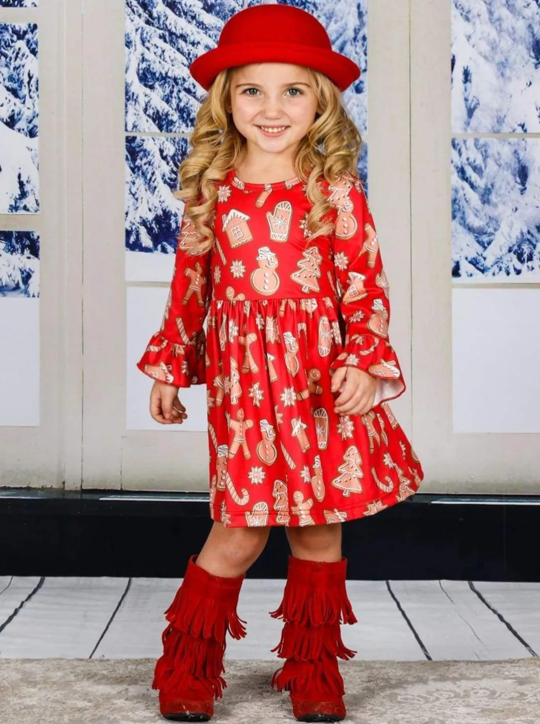 Girls Gingerbread A-Line Flared Long Sleeve Holiday Dress