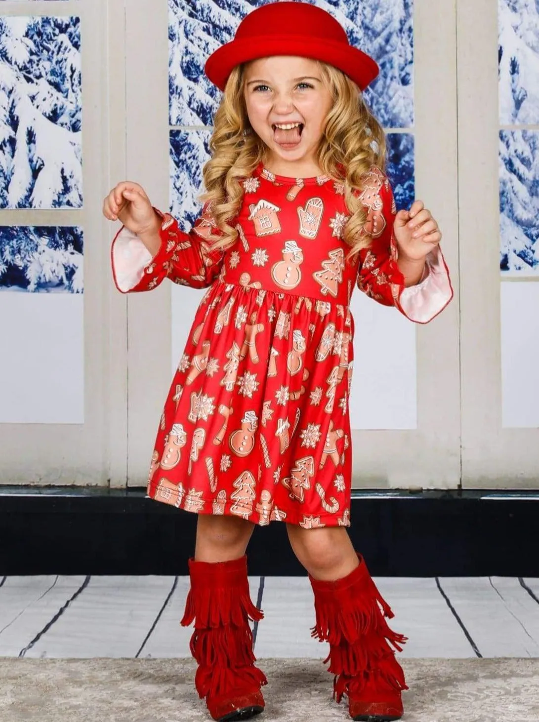 Girls Gingerbread A-Line Flared Long Sleeve Holiday Dress