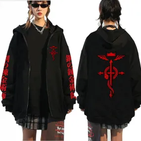 Harajuku Hoodie  Fullmetal Alchemist Cosplay Zipper Pullover Tops Long Sleeve Oversize Hooded Jackets Coats