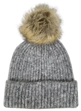 Hat-2074 Beanie with Faux Fur Pom Melange Grey