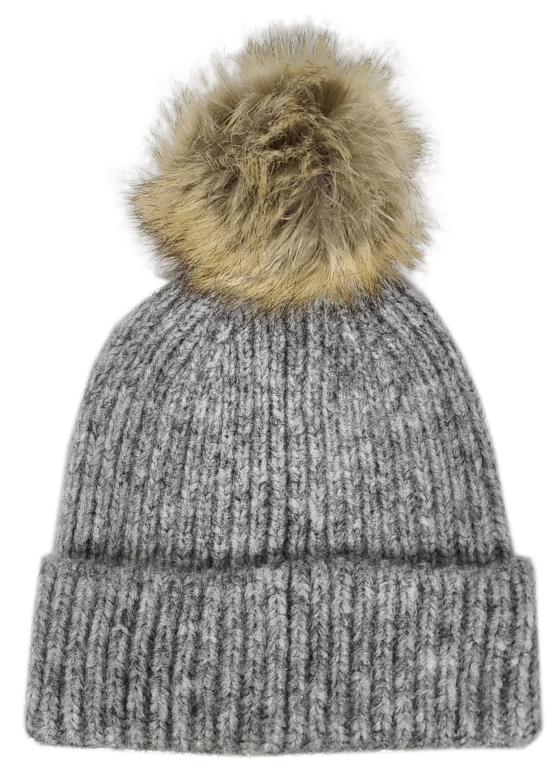 Hat-2074 Beanie with Faux Fur Pom Melange Grey