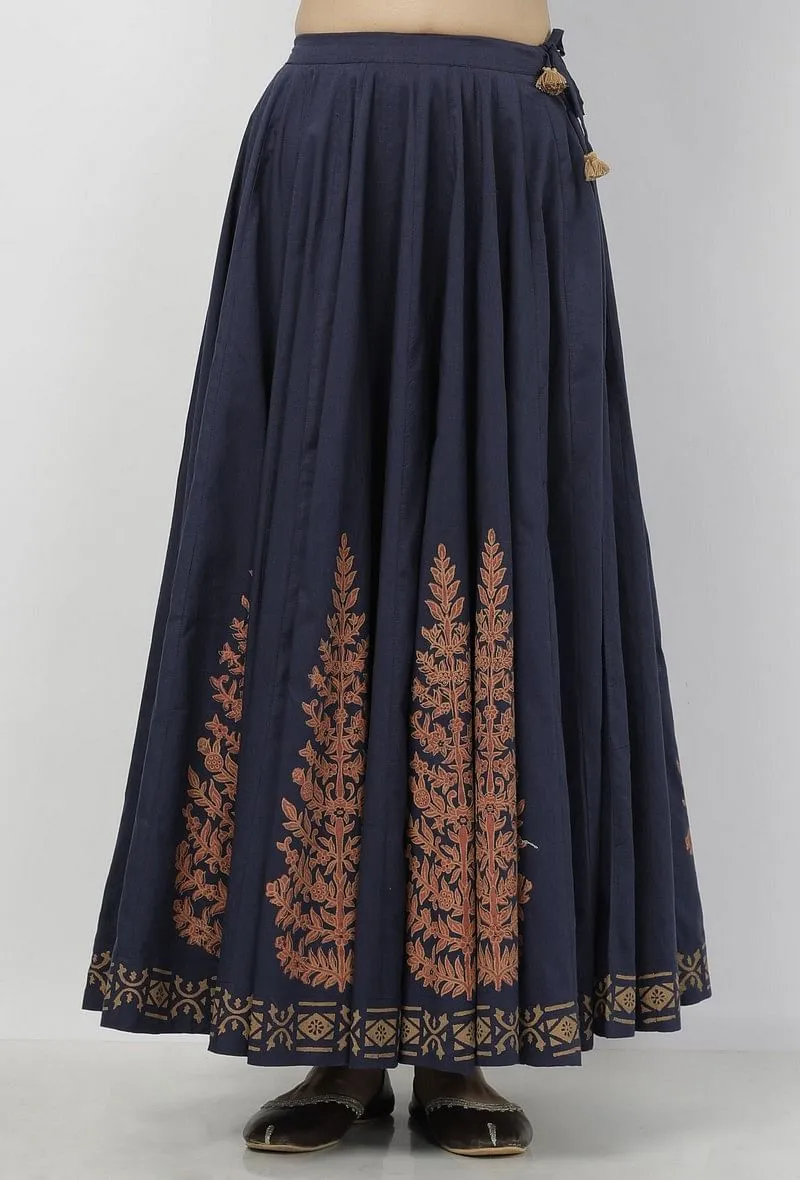 Indigo Blue Leaves Hand-Block Printed Tasseled Cotton Gathered Kali Skirt