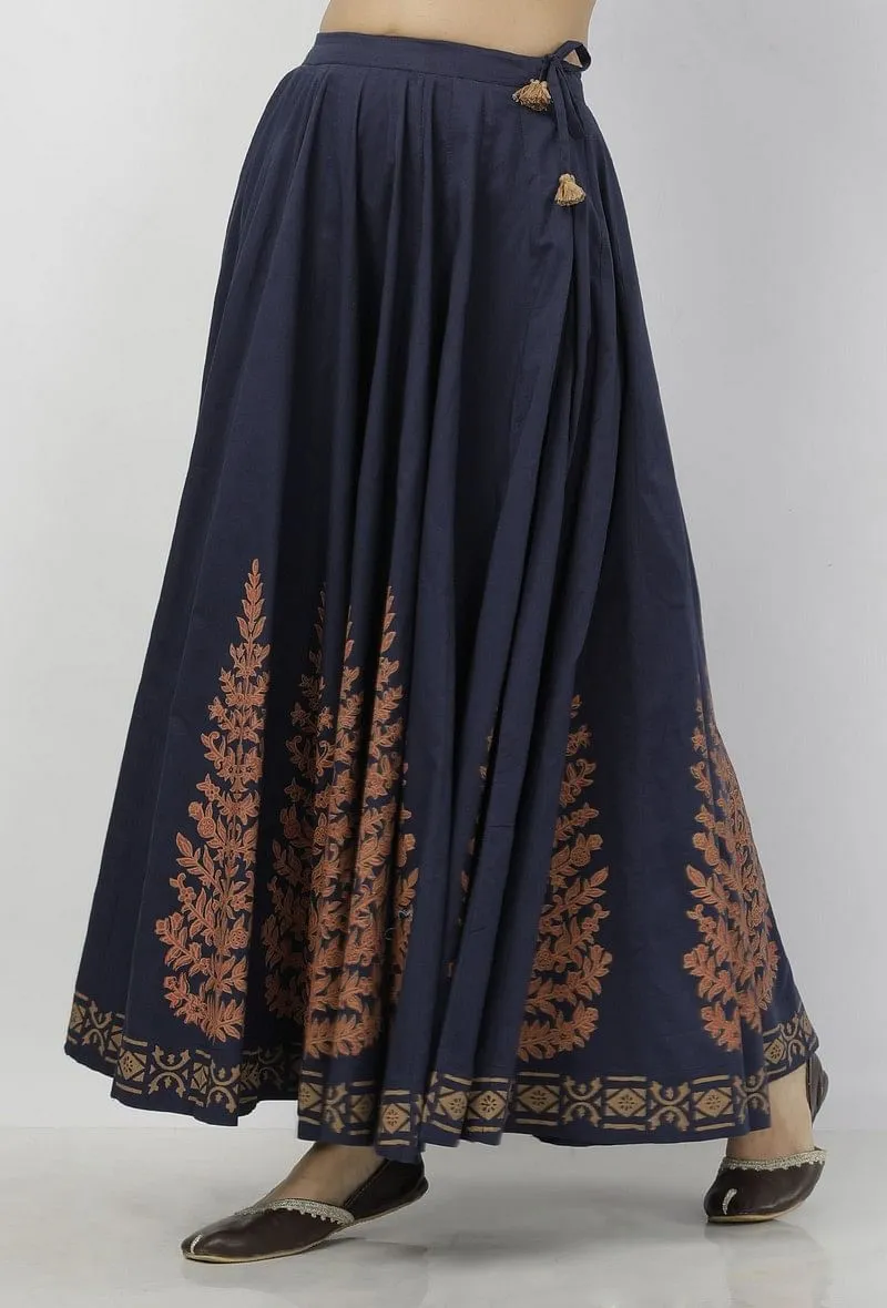 Indigo Blue Leaves Hand-Block Printed Tasseled Cotton Gathered Kali Skirt