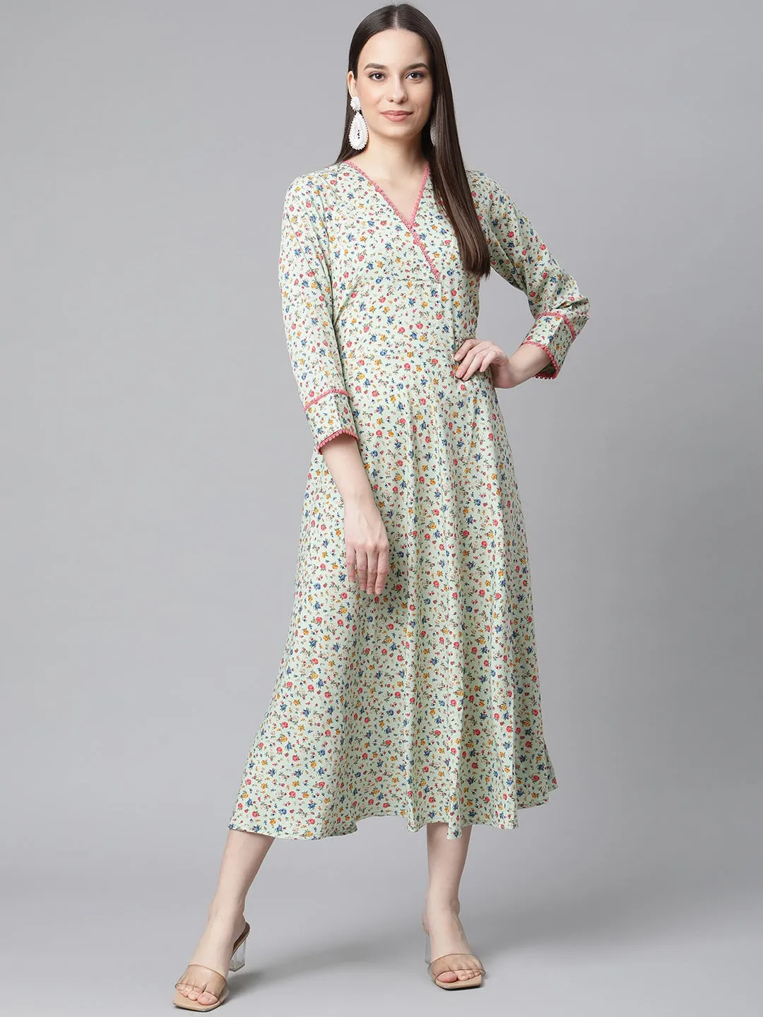 Jashvi Green Floral printed A-Line kurta