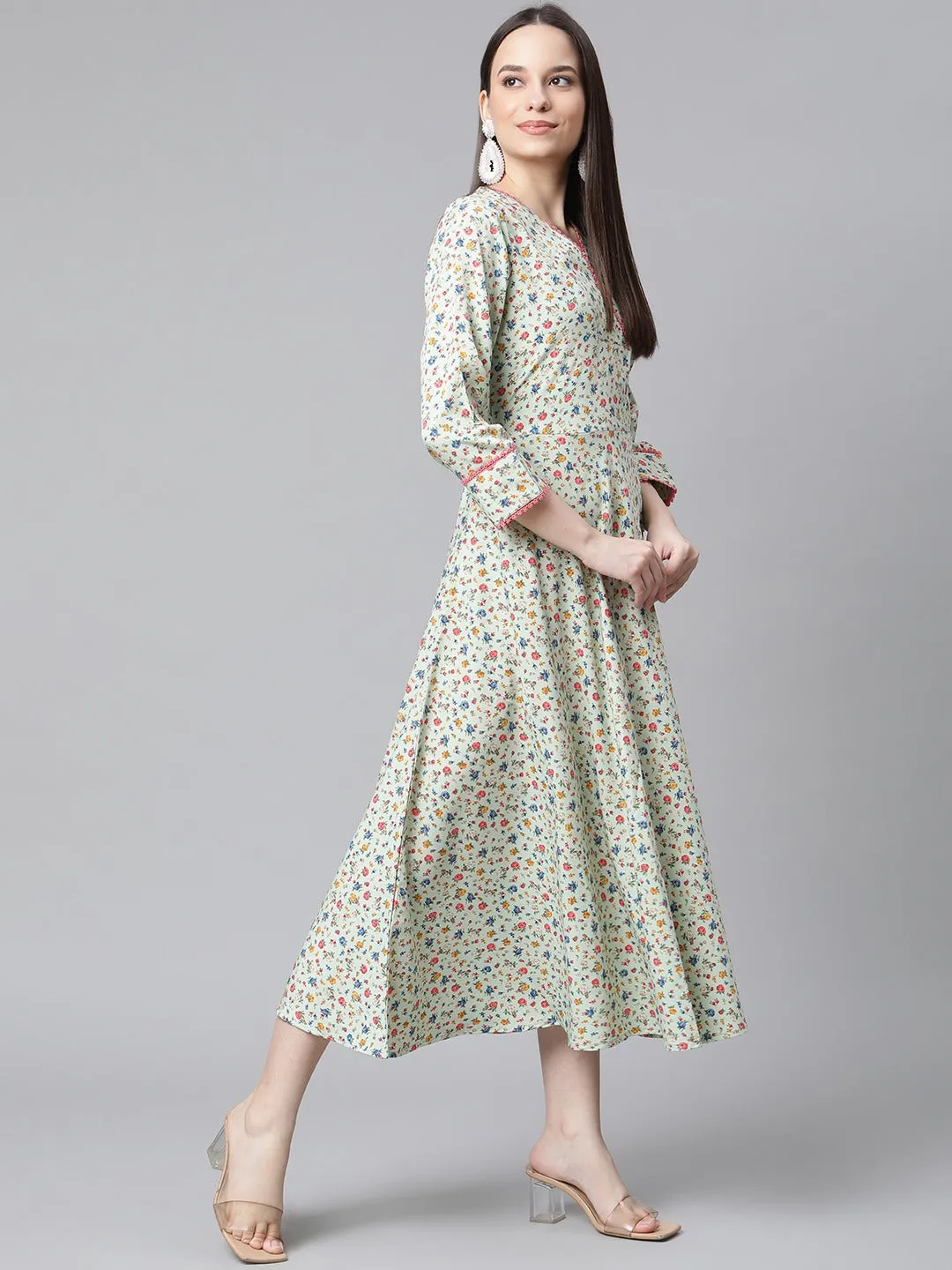 Jashvi Green Floral printed A-Line kurta