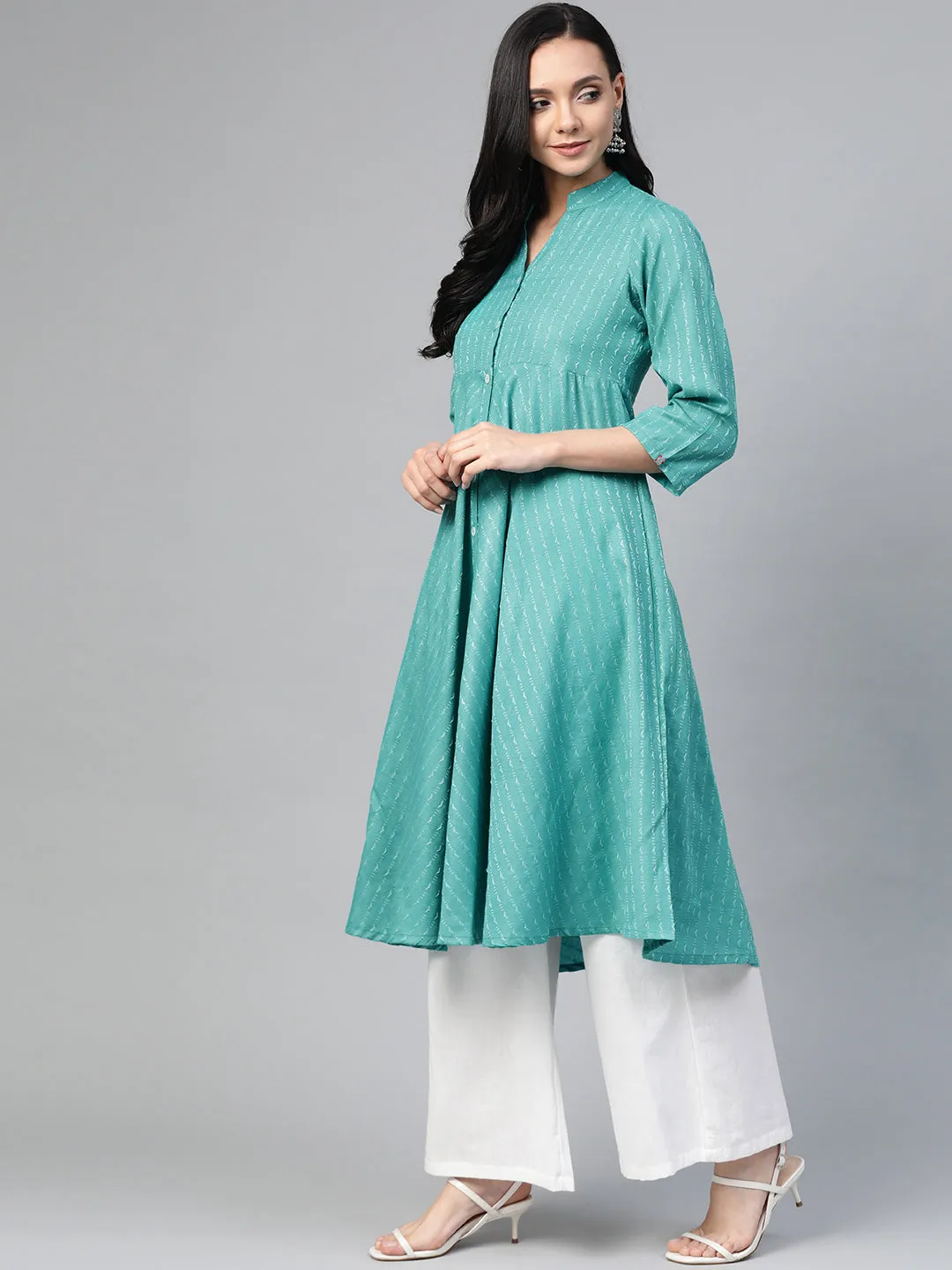 Jashvi Women Green & White Woven Design Jacquard A-Line Kurta