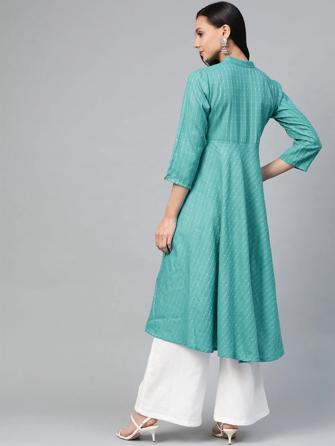 Jashvi Women Green & White Woven Design Jacquard A-Line Kurta