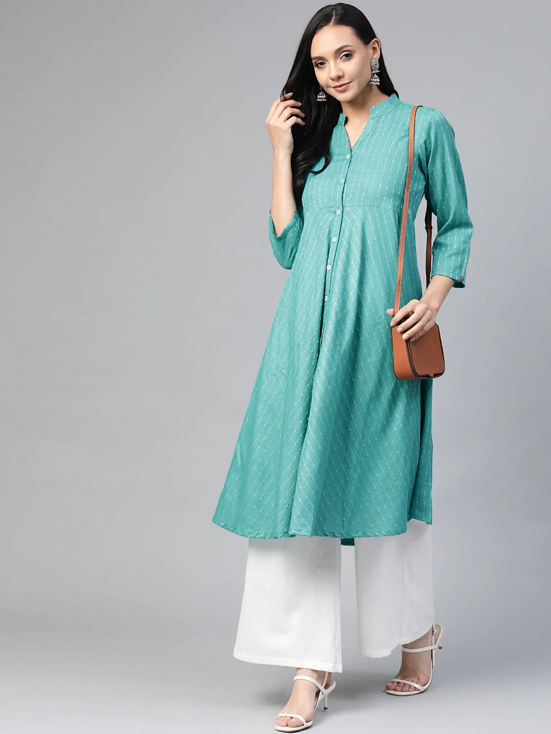 Jashvi Women Green & White Woven Design Jacquard A-Line Kurta