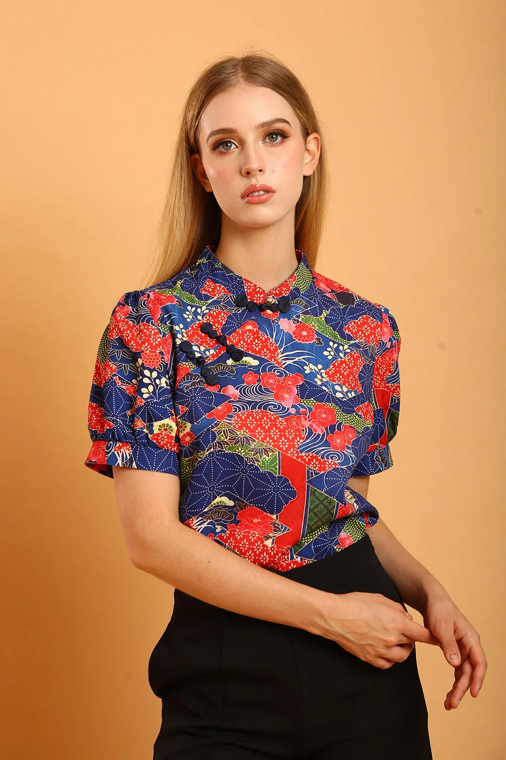 Lucielle Mandarin Collar Blouse in Navy