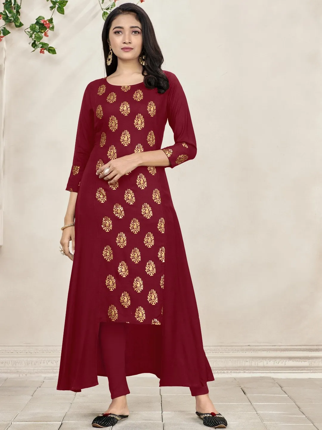 Maroon Foil Print Side Panel Flared Kurti