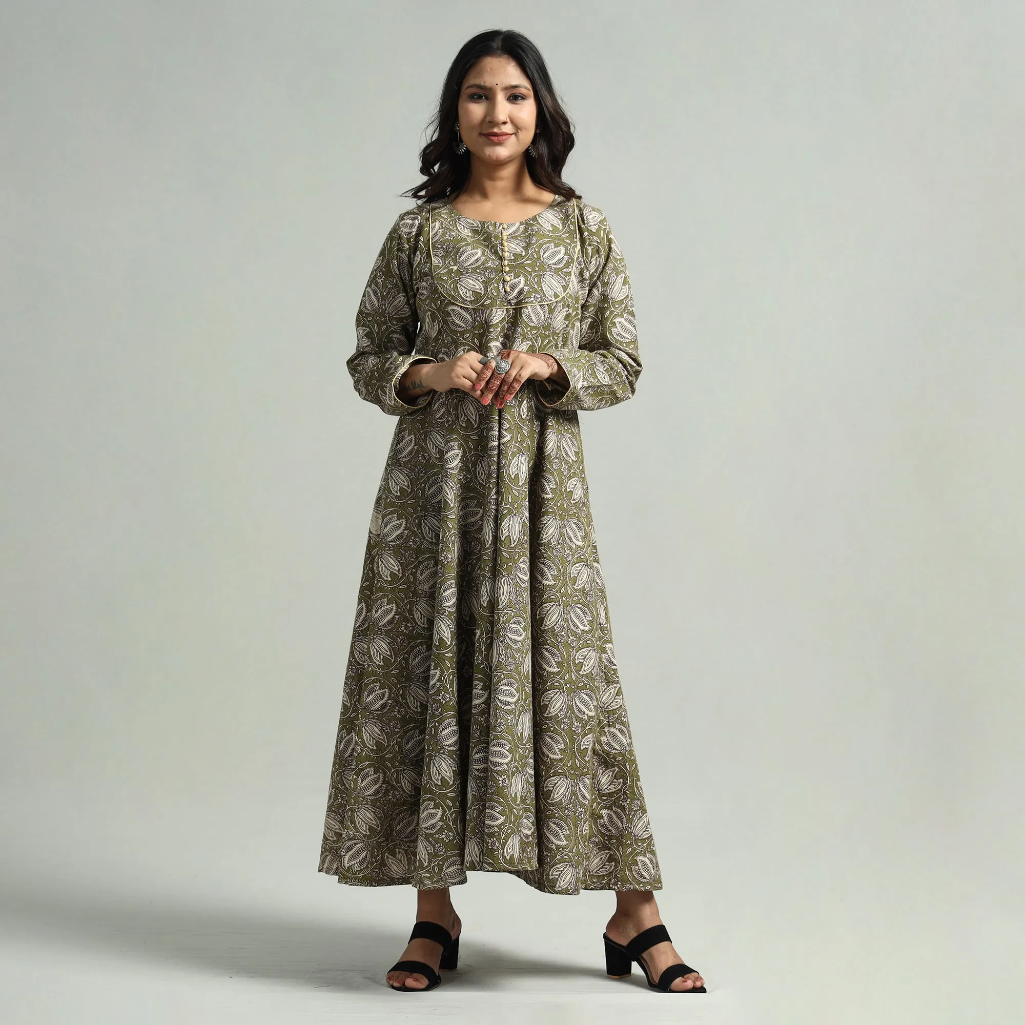 Mehendi Green - Kalamkari Printed Cotton A-Line Dress