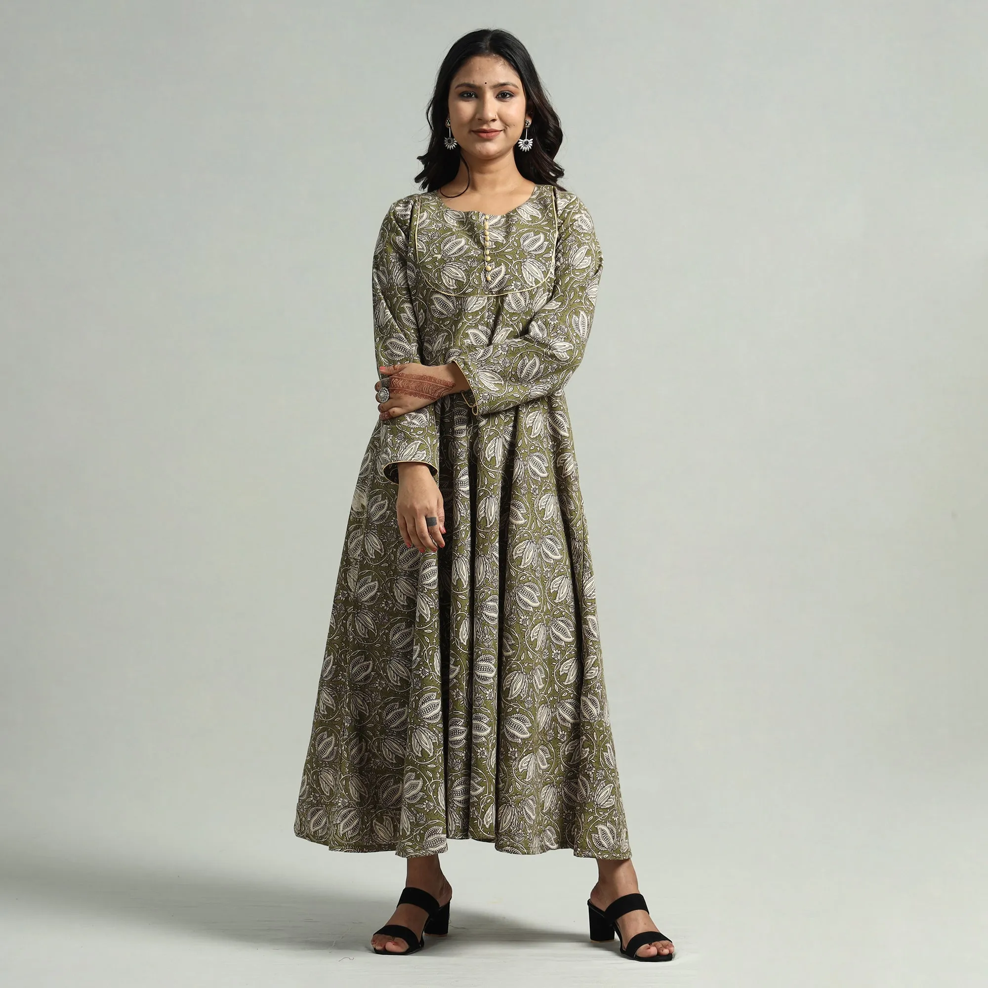 Mehendi Green - Kalamkari Printed Cotton A-Line Dress