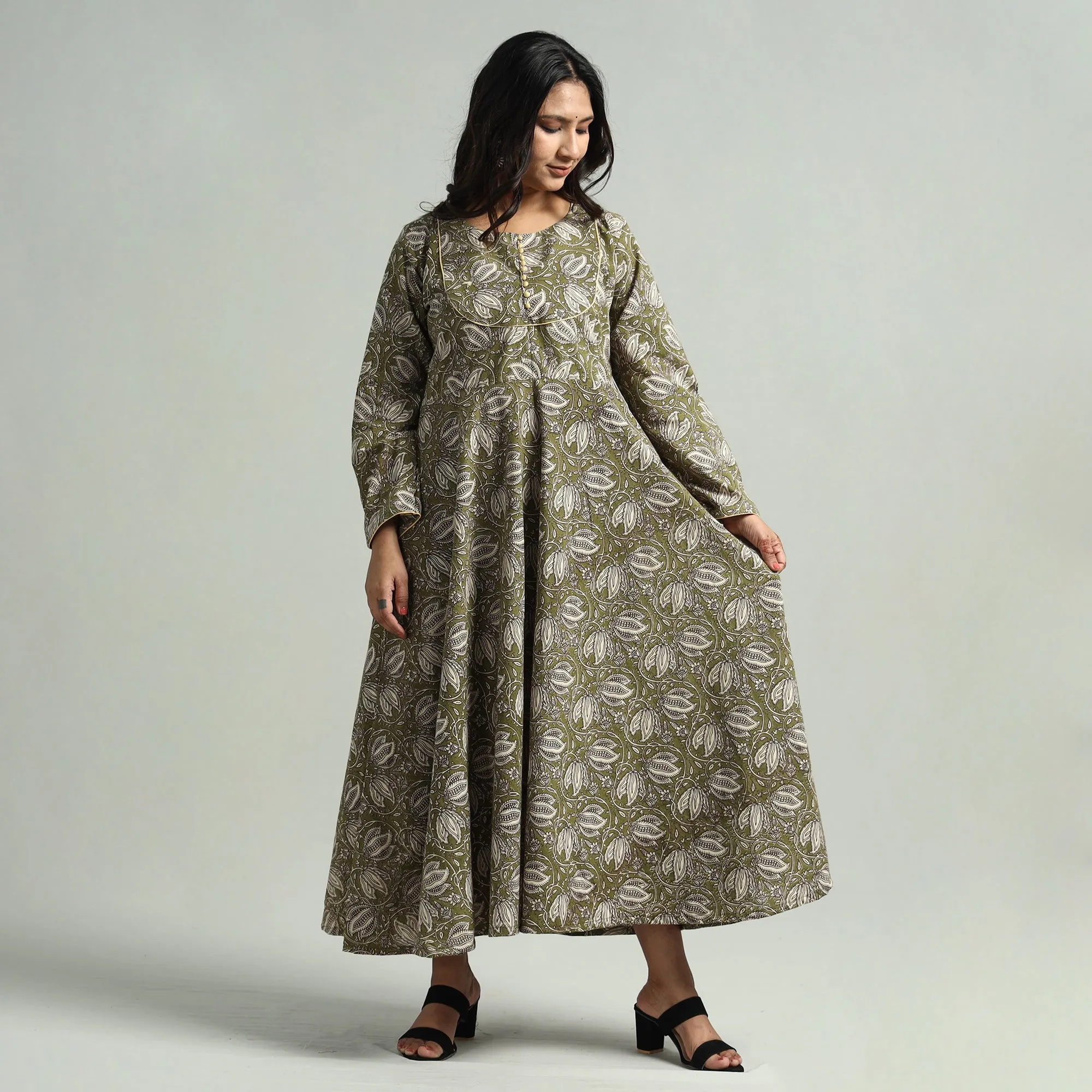 Mehendi Green - Kalamkari Printed Cotton A-Line Dress