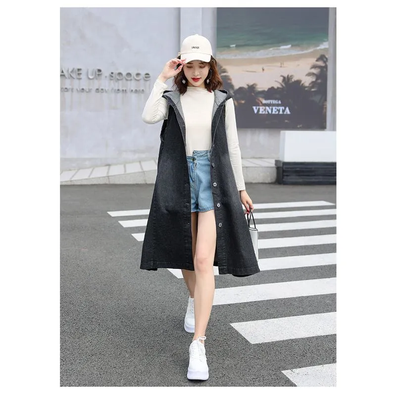 Mid-Length Sleeveless Loose Fit Hooded Denim Coat