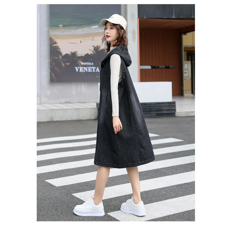 Mid-Length Sleeveless Loose Fit Hooded Denim Coat