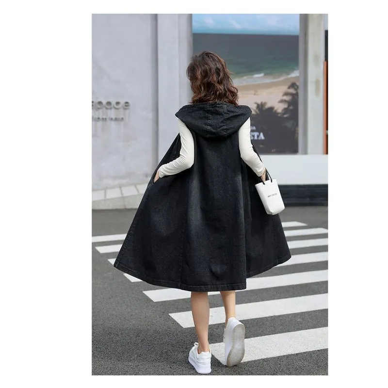 Mid-Length Sleeveless Loose Fit Hooded Denim Coat