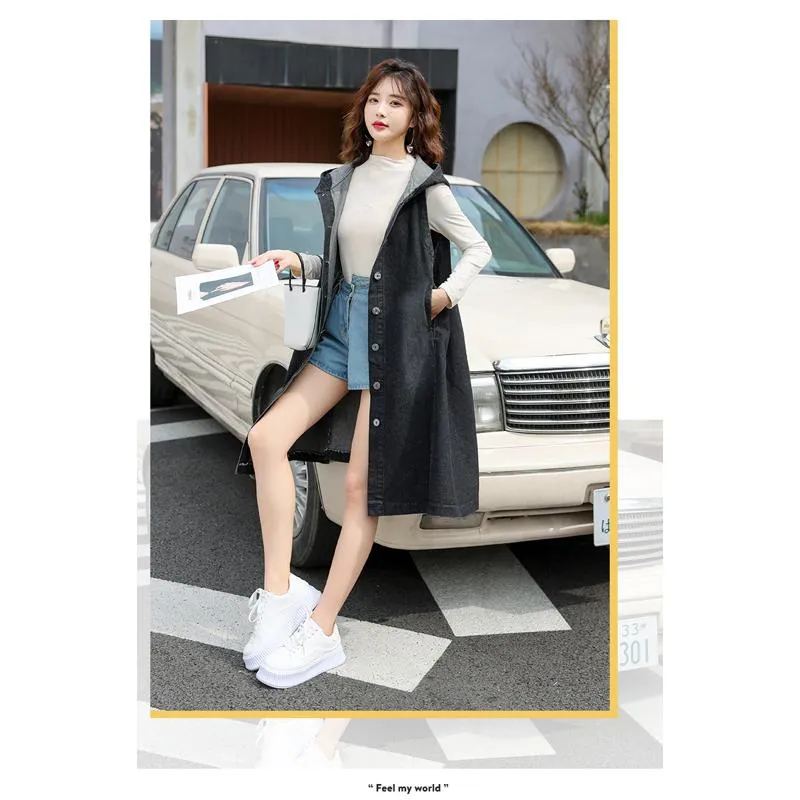 Mid-Length Sleeveless Loose Fit Hooded Denim Coat