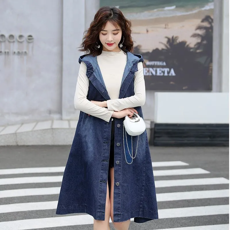 Mid-Length Sleeveless Loose Fit Hooded Denim Coat