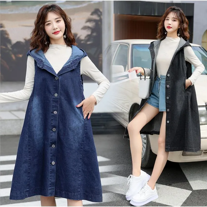 Mid-Length Sleeveless Loose Fit Hooded Denim Coat