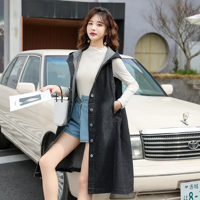 Mid-Length Sleeveless Loose Fit Hooded Denim Coat