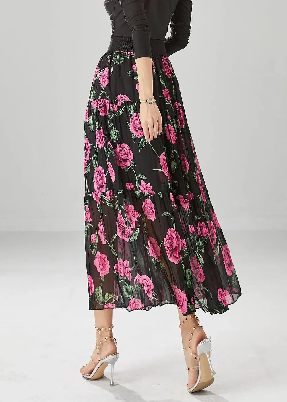 Natural Black Print Exra Large Hem Chiffon Pleated Skirts Fall ML0458