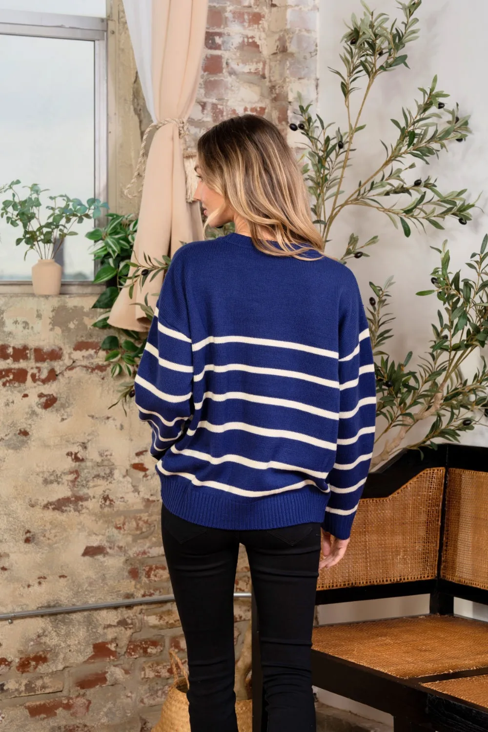 Navy and Ivory Striped Round Neck Sweater (Online Exclusive)