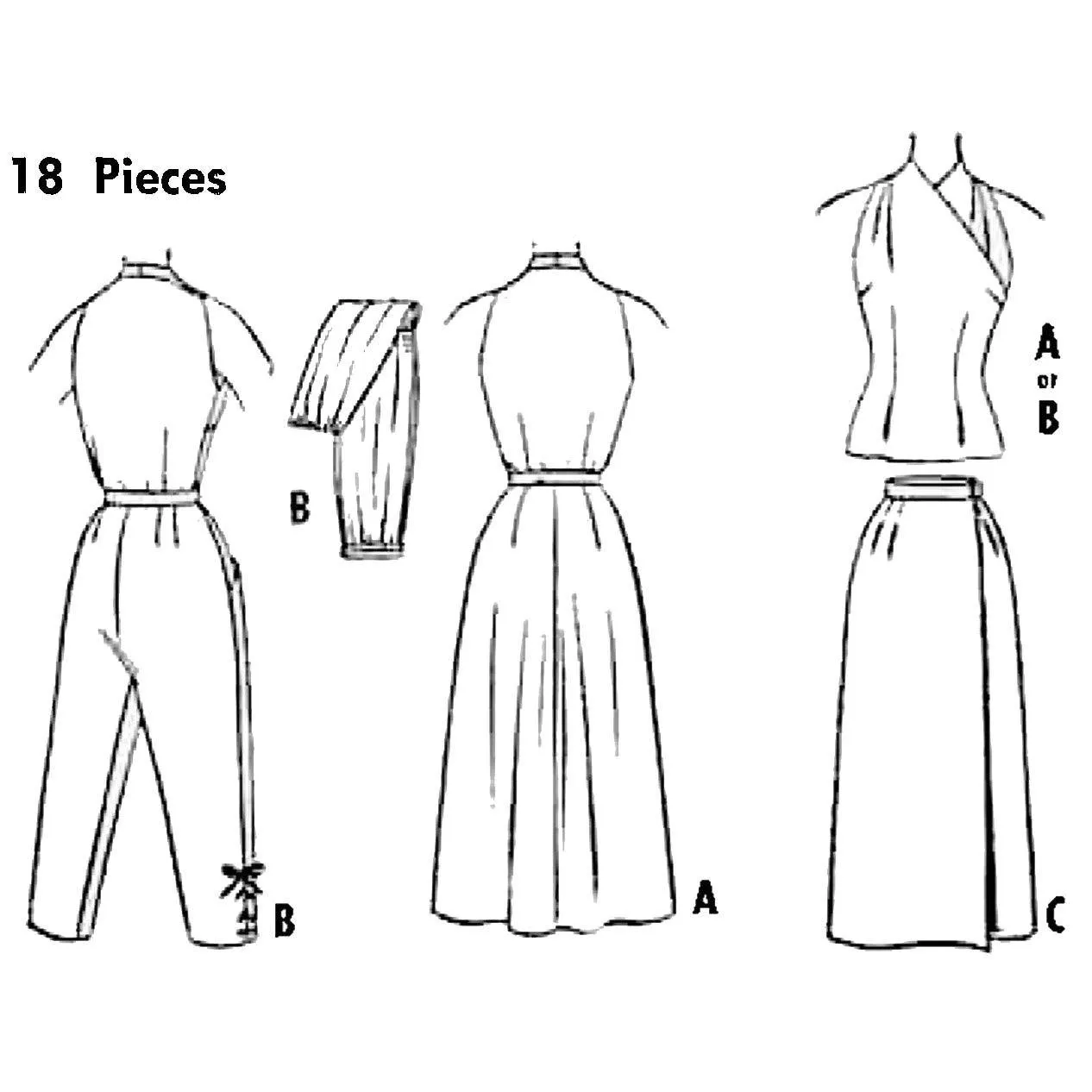 PDF - 1950's Sewing Pattern: Halter Top, Wrap Skirt & Cropped Pants  -  Bust 30” (76.2cm) - Instantly Print at Home