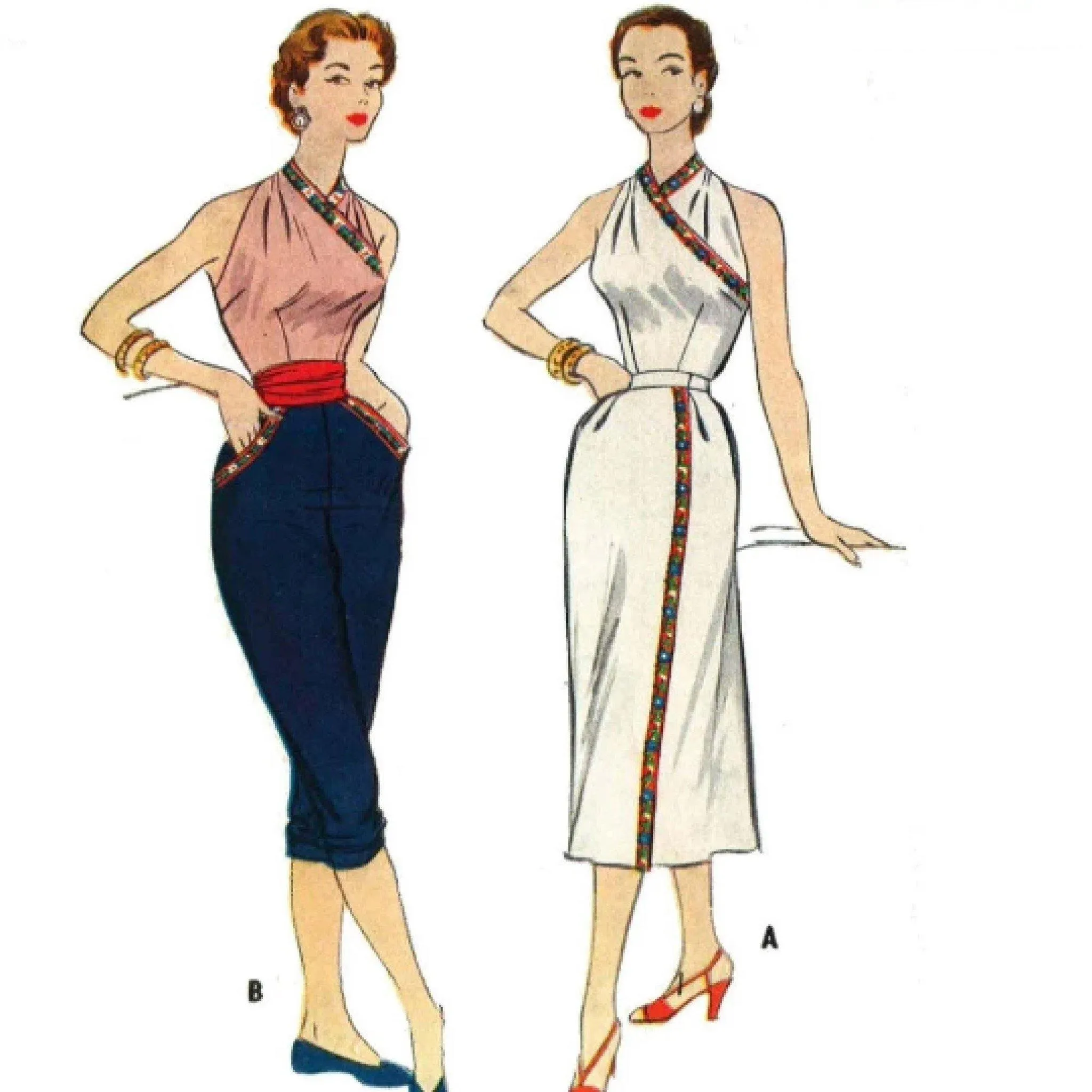 PDF - 1950's Sewing Pattern: Halter Top, Wrap Skirt & Cropped Pants  -  Bust 30” (76.2cm) - Instantly Print at Home