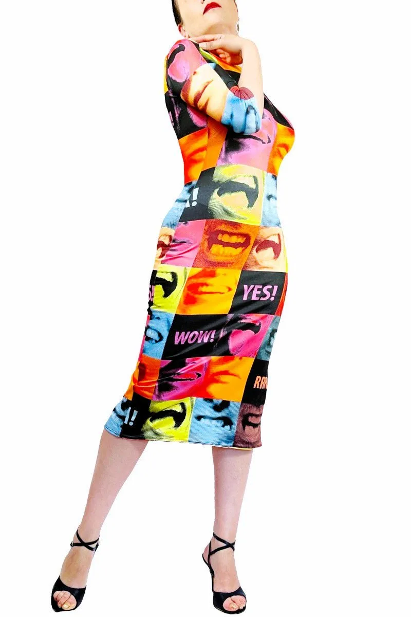 pop art scream tango dress with back slit & sleeves