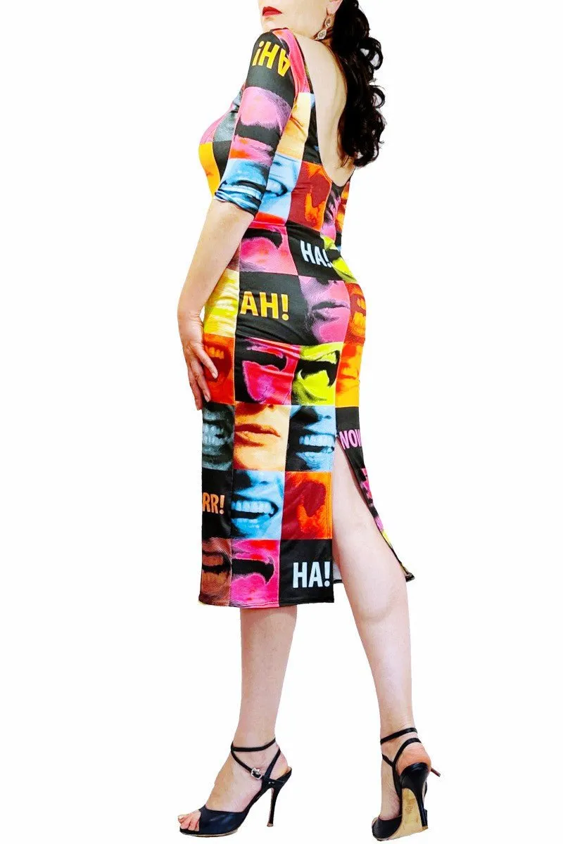 pop art scream tango dress with back slit & sleeves