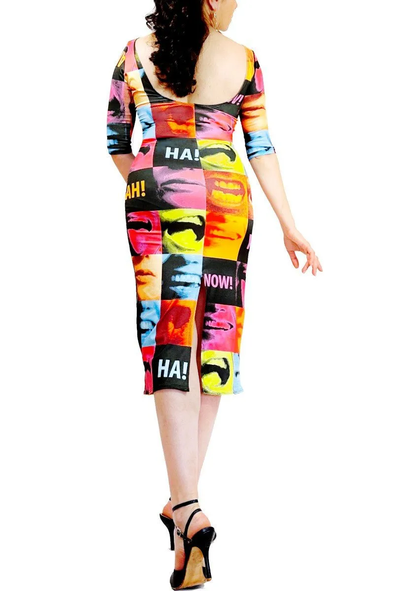 pop art scream tango dress with back slit & sleeves