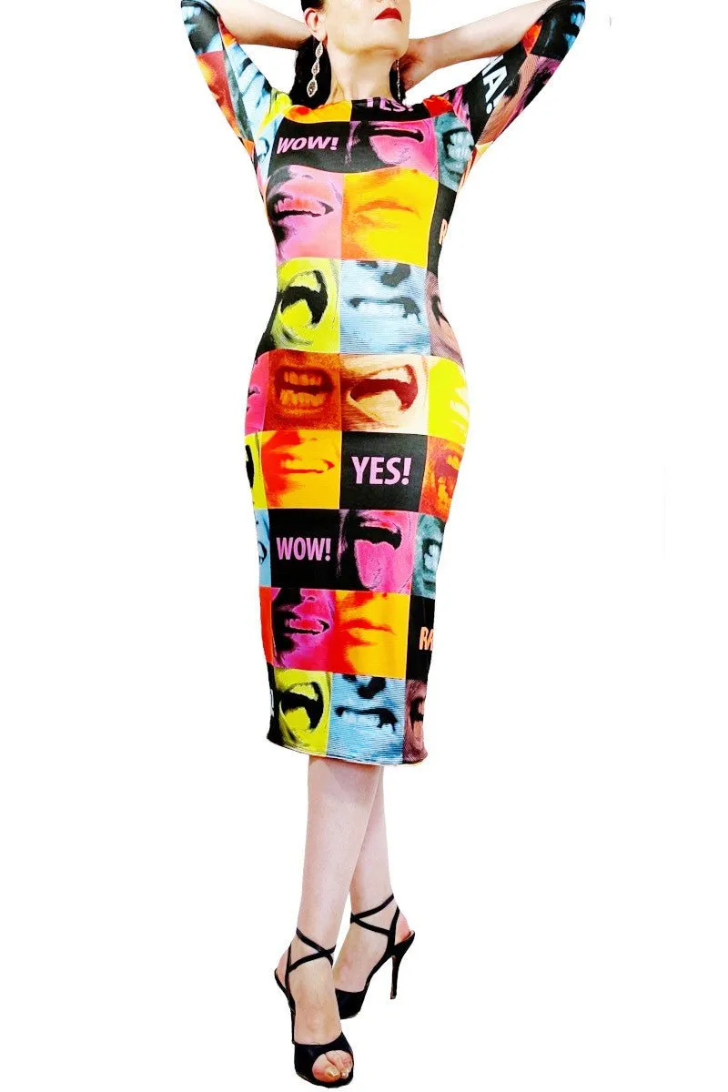 pop art scream tango dress with back slit & sleeves