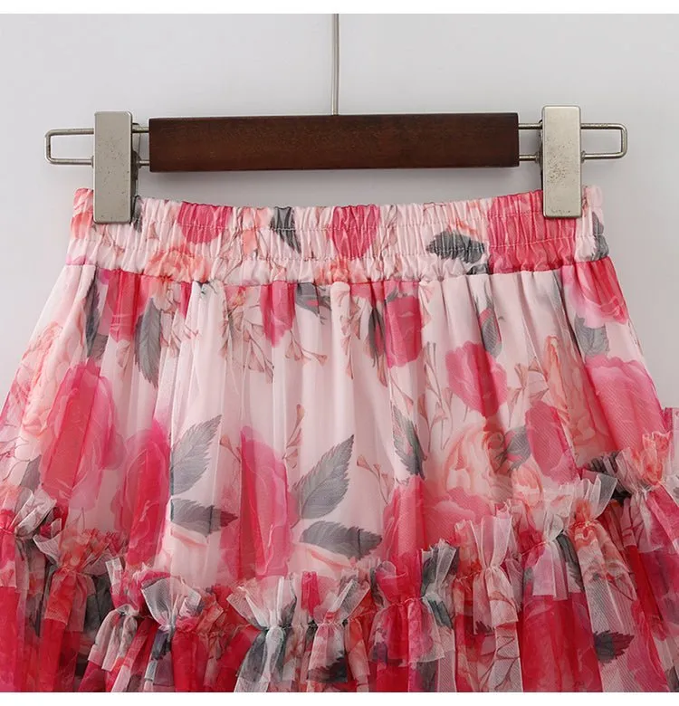 Pre Order:  Floral Asymmetrical Ruffled Mesh Skirt