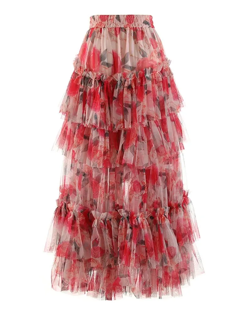 Pre Order:  Floral Asymmetrical Ruffled Mesh Skirt