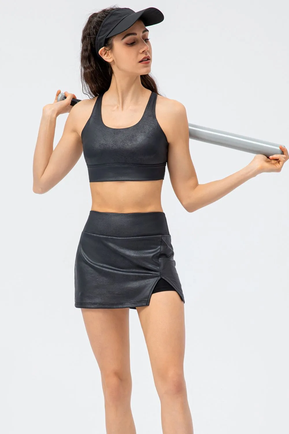 PU Leather Side Slit Athletic Skort