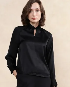 Rareism Women Innoga Black Satin Cuffed Sleeve High Neck Button Closure Plain Top